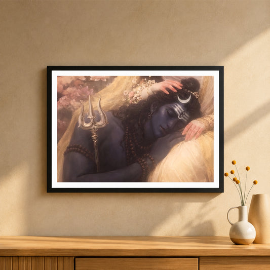 Lord Shiva & Goddess Parvati Divine Love Wall Art | Shiv Shakti Romantic Painting | Mahadev Hindu Religious Wall Decor | Premium HD Framed Artwork