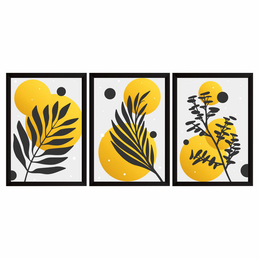 Abstract Botanical Wall Art Set of 3 – Modern Minimalist Leaf & Sun Prints for Living Room Bedroom Decor