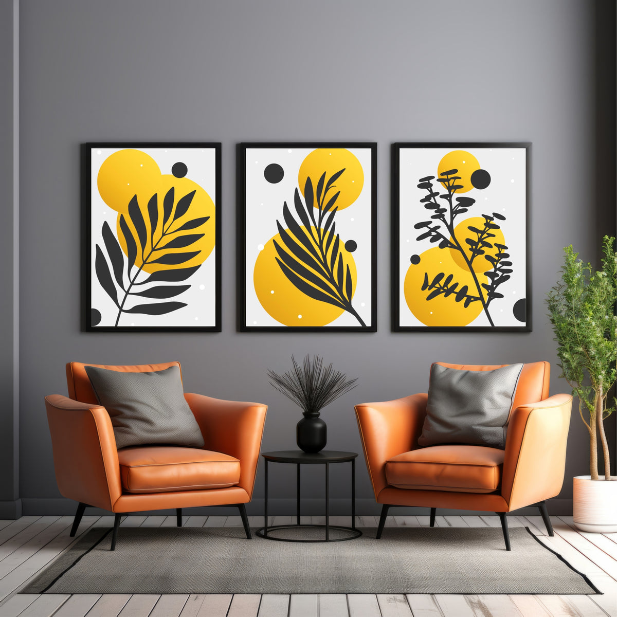 Abstract Botanical Wall Art Set of 3 – Modern Minimalist Leaf & Sun Prints for Living Room Bedroom Decor