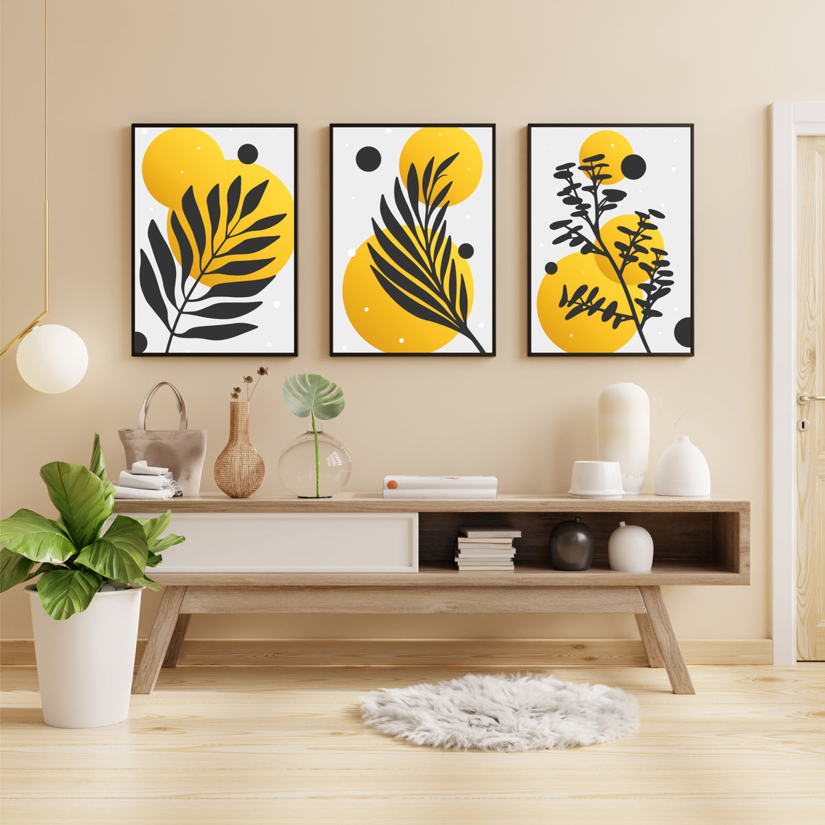 Abstract Botanical Wall Art Set of 3 – Modern Minimalist Leaf & Sun Prints for Living Room Bedroom Decor