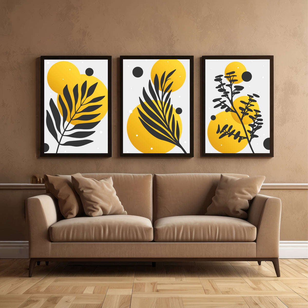 Abstract Botanical Wall Art Set of 3 – Modern Minimalist Leaf & Sun Prints for Living Room Bedroom Decor