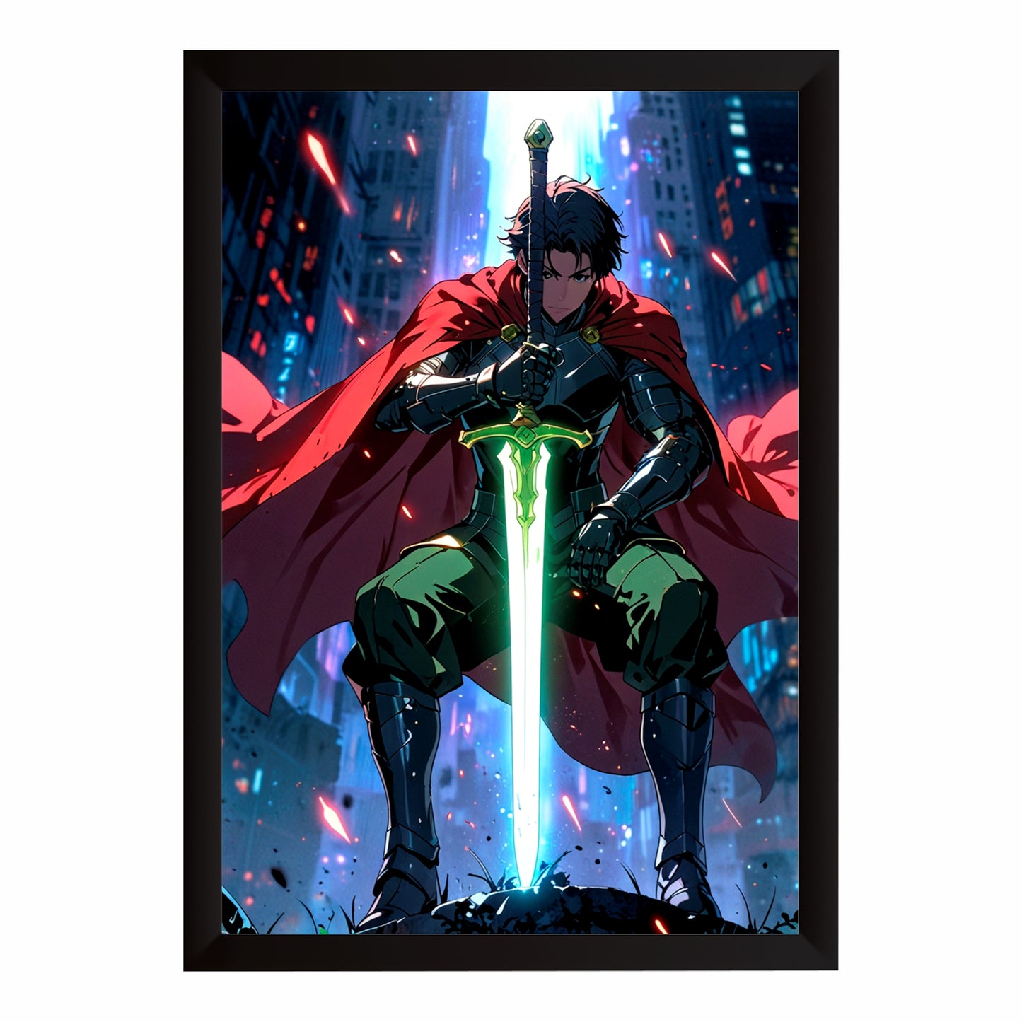 Fantasy Warrior Wall Art | Glowing Sword Anime-Inspired Artwork