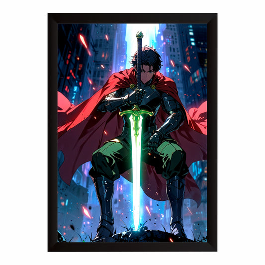 Fantasy Warrior Wall Art | Glowing Sword Anime-Inspired Artwork