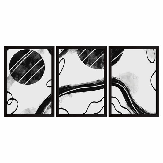 Abstract Black and White Wall Art Set of 3 – Modern Geometric Minimalist Brushstroke Prints