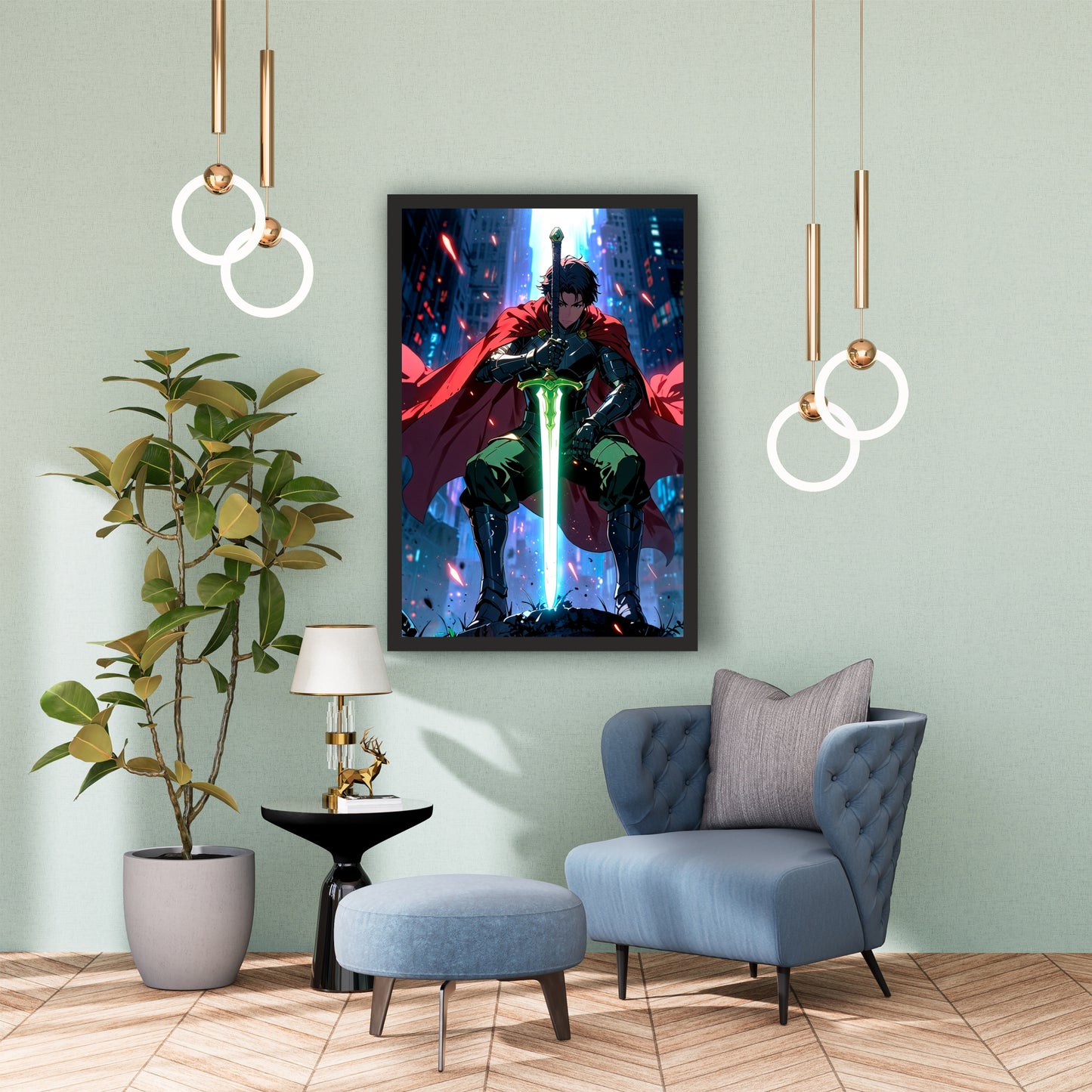 Fantasy Warrior Wall Art | Glowing Sword Anime-Inspired Artwork