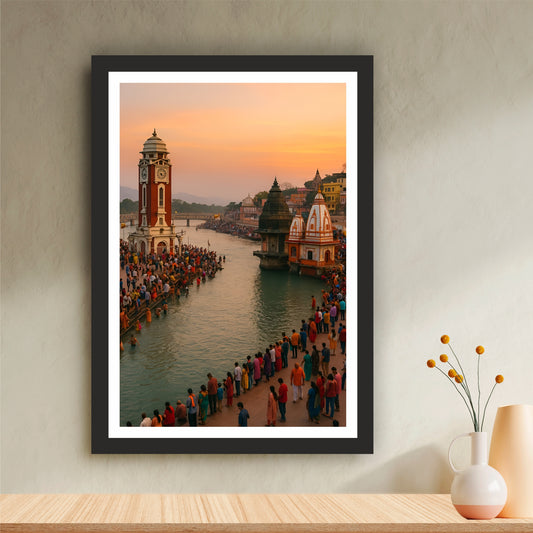 Har Ki Pauri Haridwar Wall Art | Holy Ganga Ghat Spiritual Landscape | Hindu Religious Wall Decor | Premium HD Framed Artwork