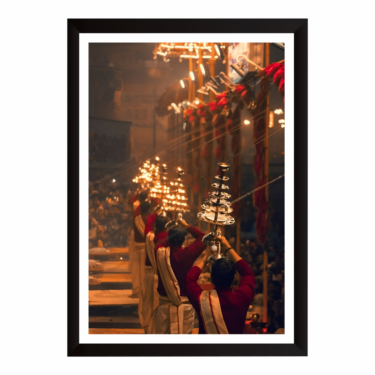 Ganga Aarti Wall Art | Varanasi Dashashwamedh Ghat Spiritual Painting | Hindu Religious Wall Decor | Premium HD Framed Artwork