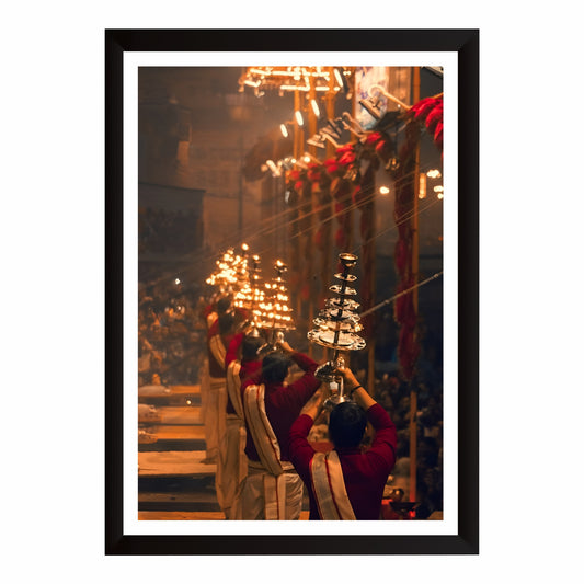 Ganga Aarti Wall Art | Varanasi Dashashwamedh Ghat Spiritual Painting | Hindu Religious Wall Decor | Premium HD Framed Artwork