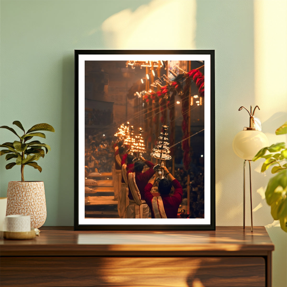 Ganga Aarti Wall Art | Varanasi Dashashwamedh Ghat Spiritual Painting | Hindu Religious Wall Decor | Premium HD Framed Artwork