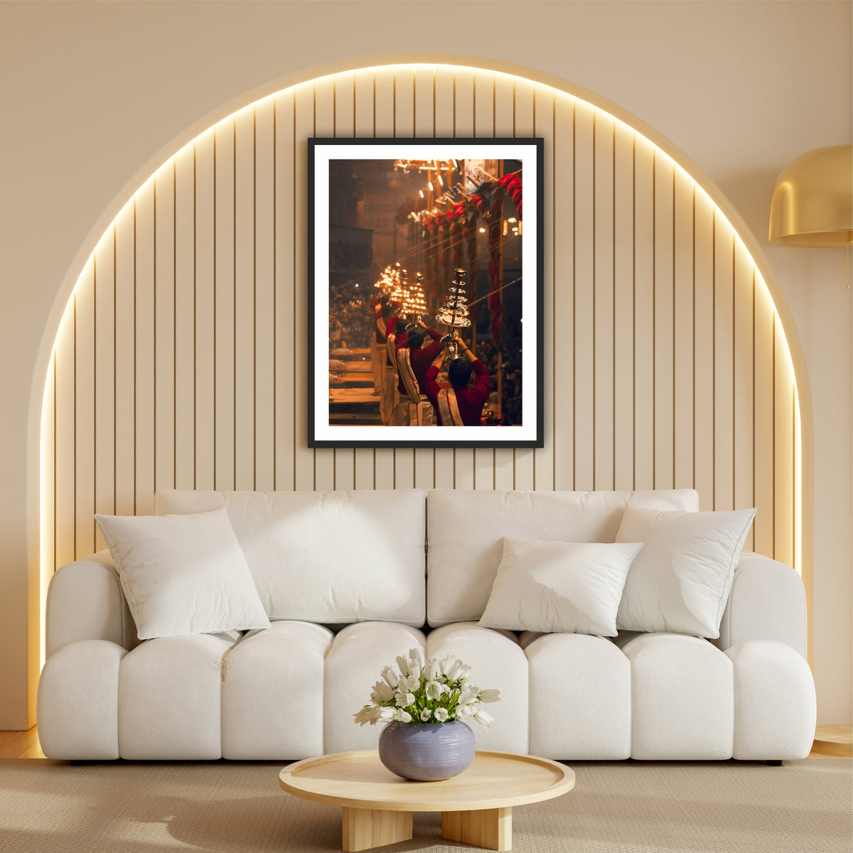 Ganga Aarti Wall Art | Varanasi Dashashwamedh Ghat Spiritual Painting | Hindu Religious Wall Decor | Premium HD Framed Artwork