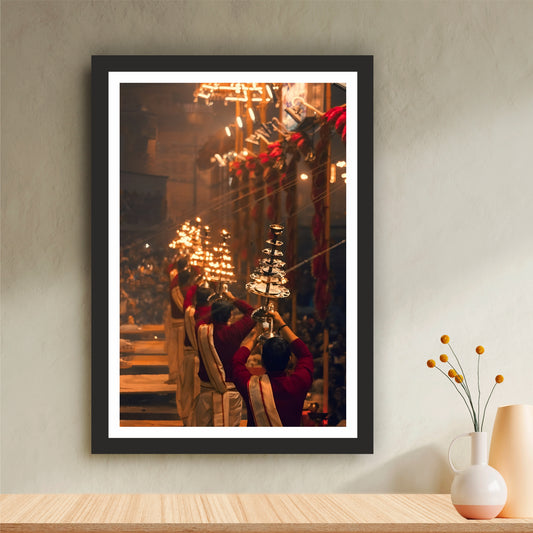Ganga Aarti Wall Art | Varanasi Dashashwamedh Ghat Spiritual Painting | Hindu Religious Wall Decor | Premium HD Framed Artwork