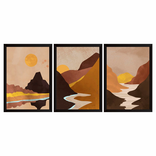 Abstract Mountain Landscape Wall Art Set of 3 – Modern Desert Sunset River Valley Canvas Style Prints