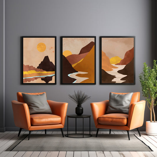 Abstract Mountain Landscape Wall Art Set of 3 – Modern Desert Sunset River Valley Canvas Style Prints