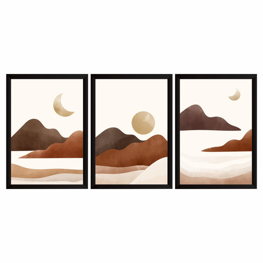 Abstract Mountain Landscape Wall Art Set of 3 – Minimalist Desert Mountains Moon & Sun Boho Nature Canvas Style Prints