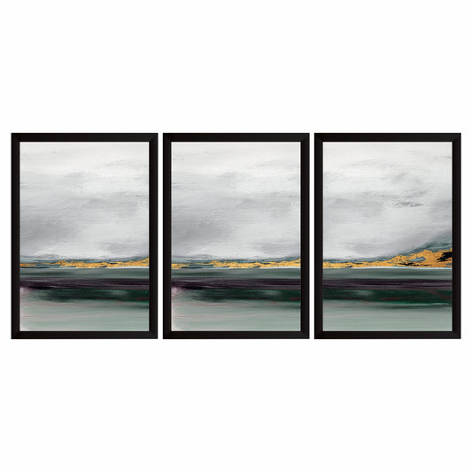 Abstract Seascape Wall Art Set of 3 – Modern Ocean Horizon Landscape Teal & Gold Minimalist Canvas Style Prints