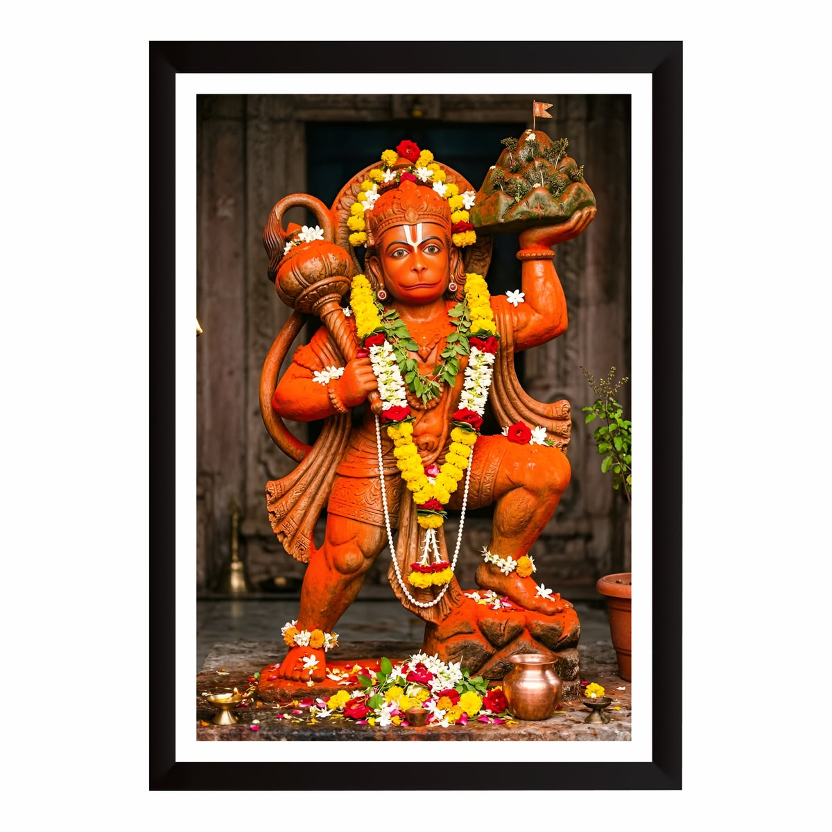 Lord Hanuman Statue Wall Art | Sankat Mochan Hanuman Carrying Dronagiri Mountain | Bajrangbali HD Temple Print | Hindu Devotional Framed Wall Decor