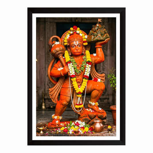 Lord Hanuman Statue Wall Art | Sankat Mochan Hanuman Carrying Dronagiri Mountain | Bajrangbali HD Temple Print | Hindu Devotional Framed Wall Decor