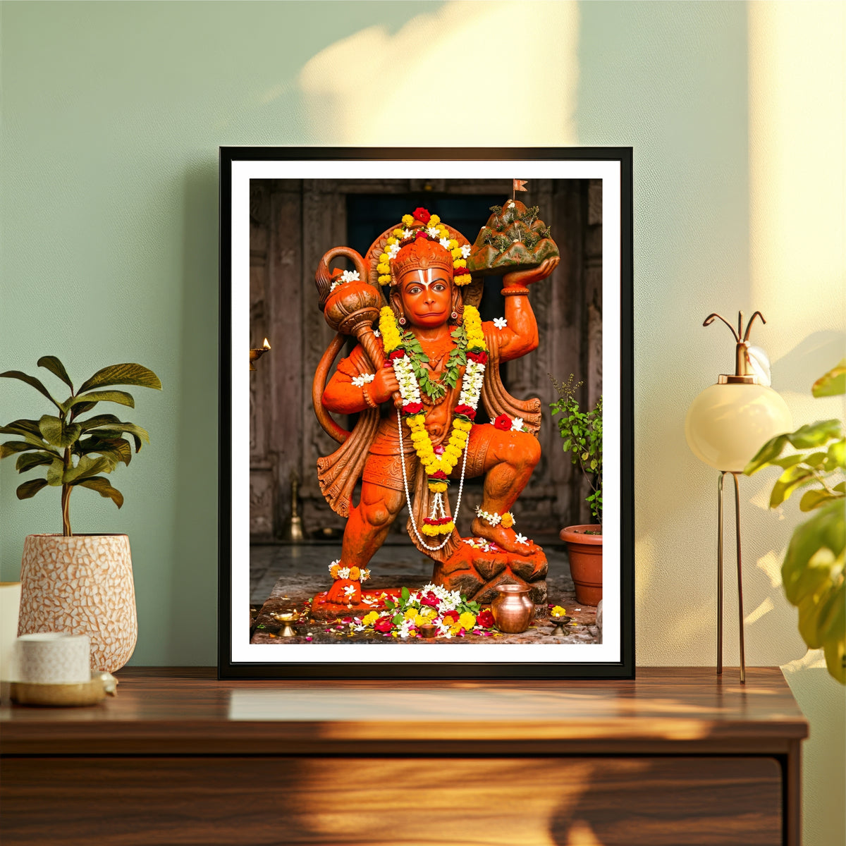 Lord Hanuman Statue Wall Art | Sankat Mochan Hanuman Carrying Dronagiri Mountain | Bajrangbali HD Temple Print | Hindu Devotional Framed Wall Decor