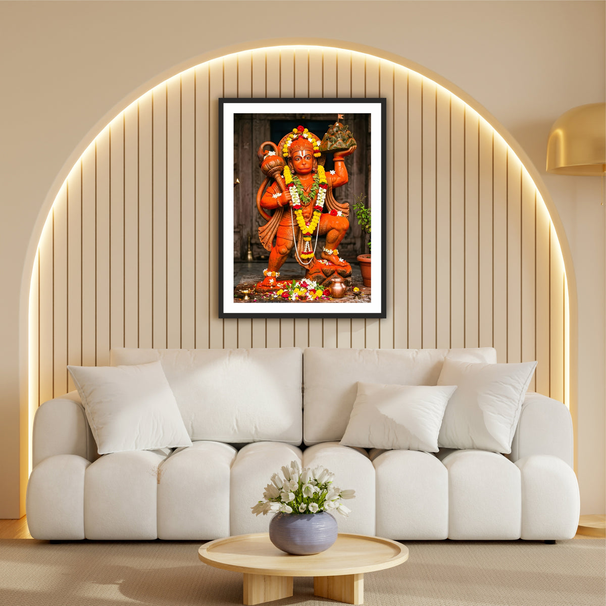 Lord Hanuman Statue Wall Art | Sankat Mochan Hanuman Carrying Dronagiri Mountain | Bajrangbali HD Temple Print | Hindu Devotional Framed Wall Decor