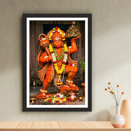 Lord Hanuman Statue Wall Art | Sankat Mochan Hanuman Carrying Dronagiri Mountain | Bajrangbali HD Temple Print | Hindu Devotional Framed Wall Decor