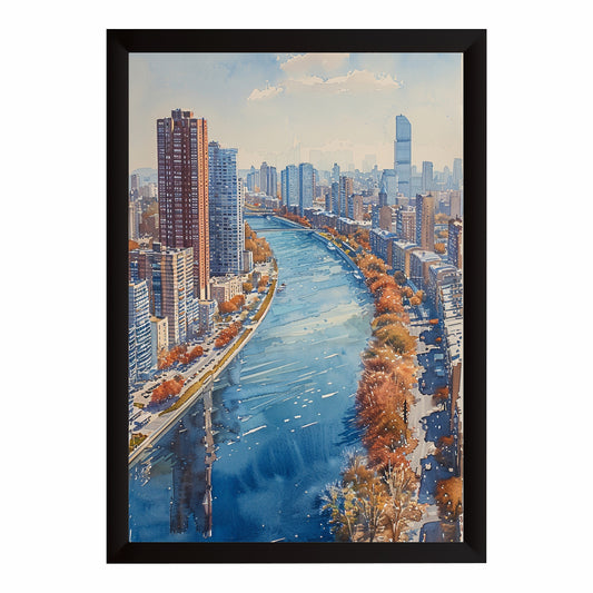 New York City Watercolor Wall Art | Urban Skyline & River Artwork