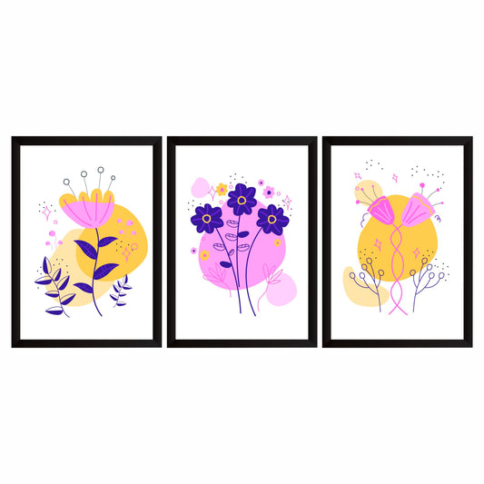 Abstract Floral Wall Art Set of 3 – Colorful Botanical Flower Prints, Modern Minimalist Nature Artwork for Home Décor