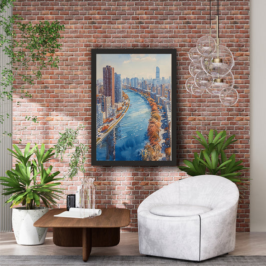 New York City Watercolor Wall Art | Urban Skyline & River Artwork