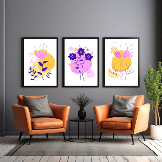 Abstract Floral Wall Art Set of 3 – Colorful Botanical Flower Prints, Modern Minimalist Nature Artwork for Home Décor