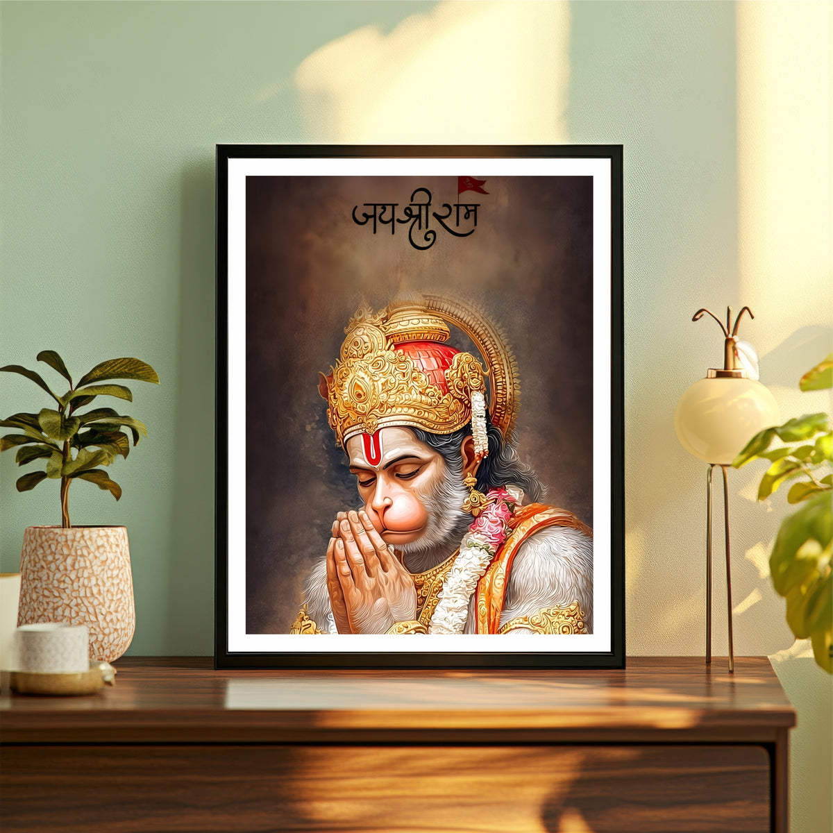 Jai Shri Ram Hanuman Wall Art | Lord Hanuman Folding Hands in Devotion | Ram Bhakt Bajrangbali HD Print | Hindu Spiritual Framed Wall Decor