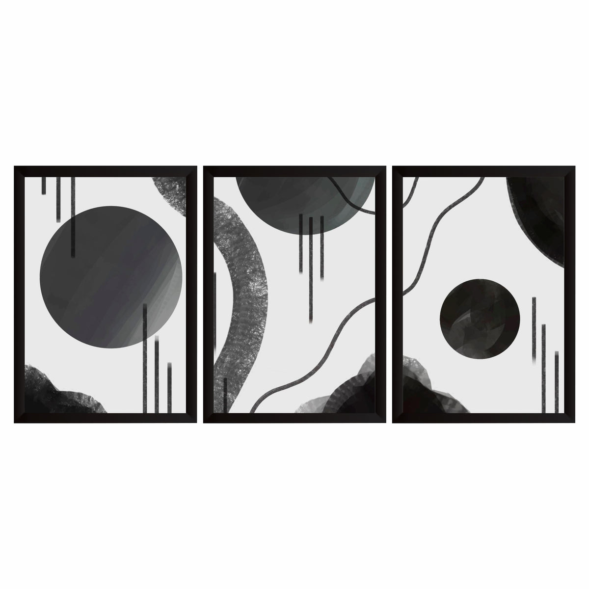 Abstract Black and White Wall Art Set of 3 – Modern Geometric Minimalist Line Art Prints, Contemporary Monochrome Home Décor