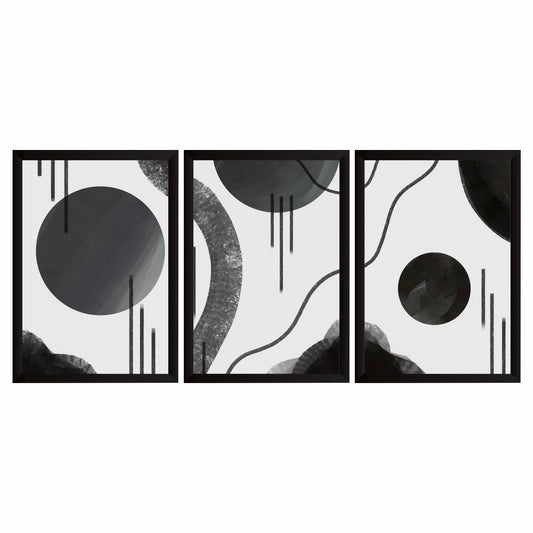Abstract Black and White Wall Art Set of 3 – Modern Geometric Minimalist Line Art Prints, Contemporary Monochrome Home Décor