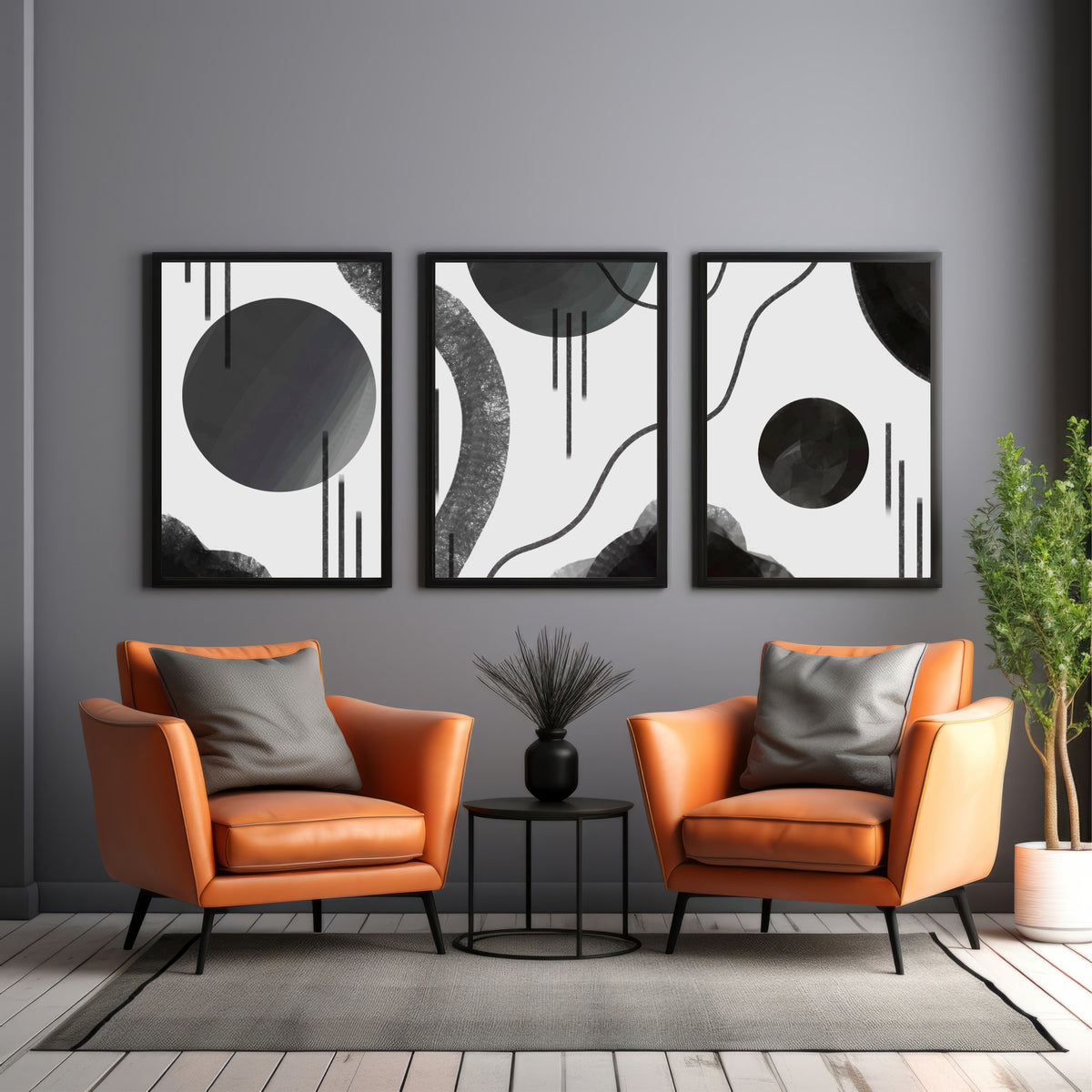 Abstract Black and White Wall Art Set of 3 – Modern Geometric Minimalist Line Art Prints, Contemporary Monochrome Home Décor