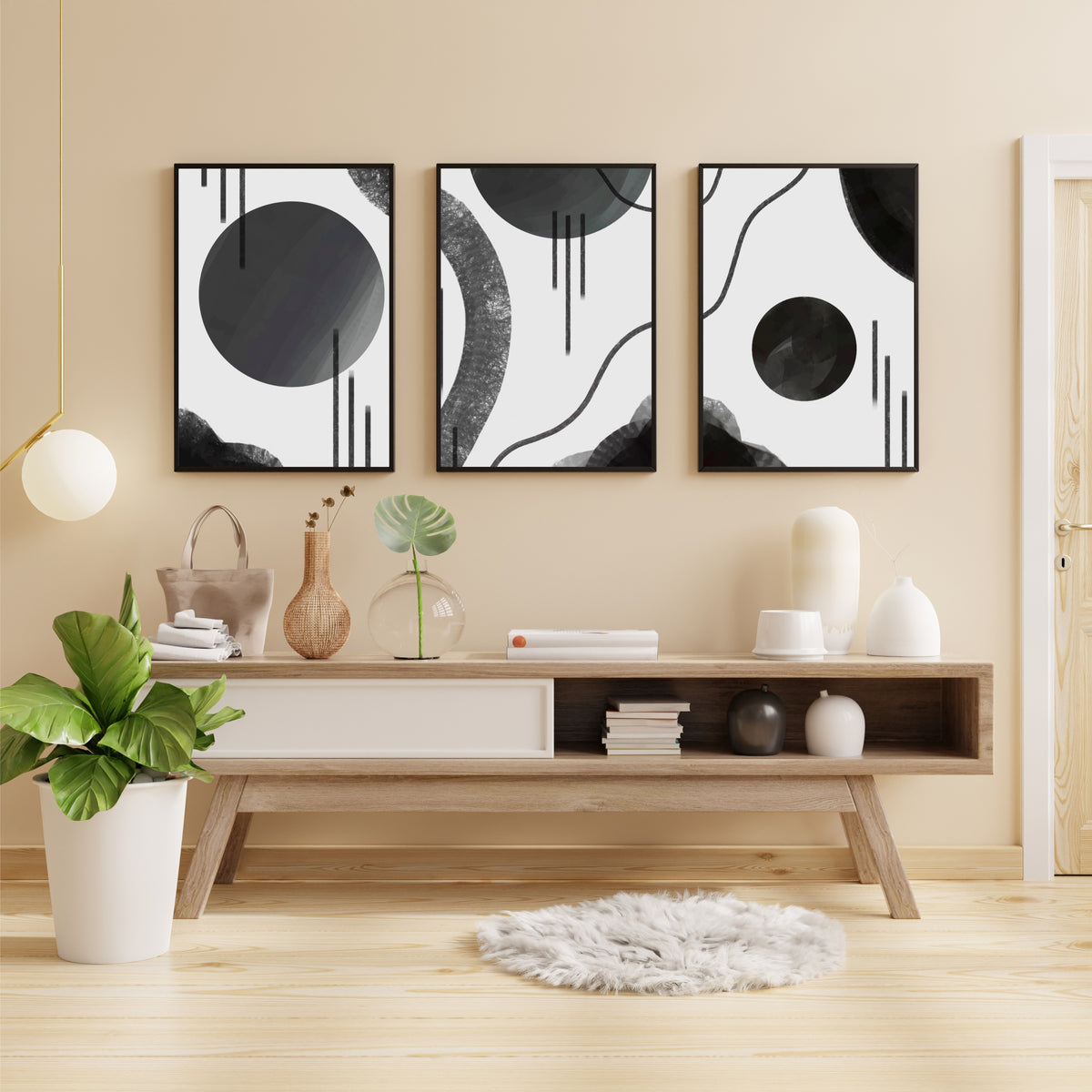 Abstract Black and White Wall Art Set of 3 – Modern Geometric Minimalist Line Art Prints, Contemporary Monochrome Home Décor