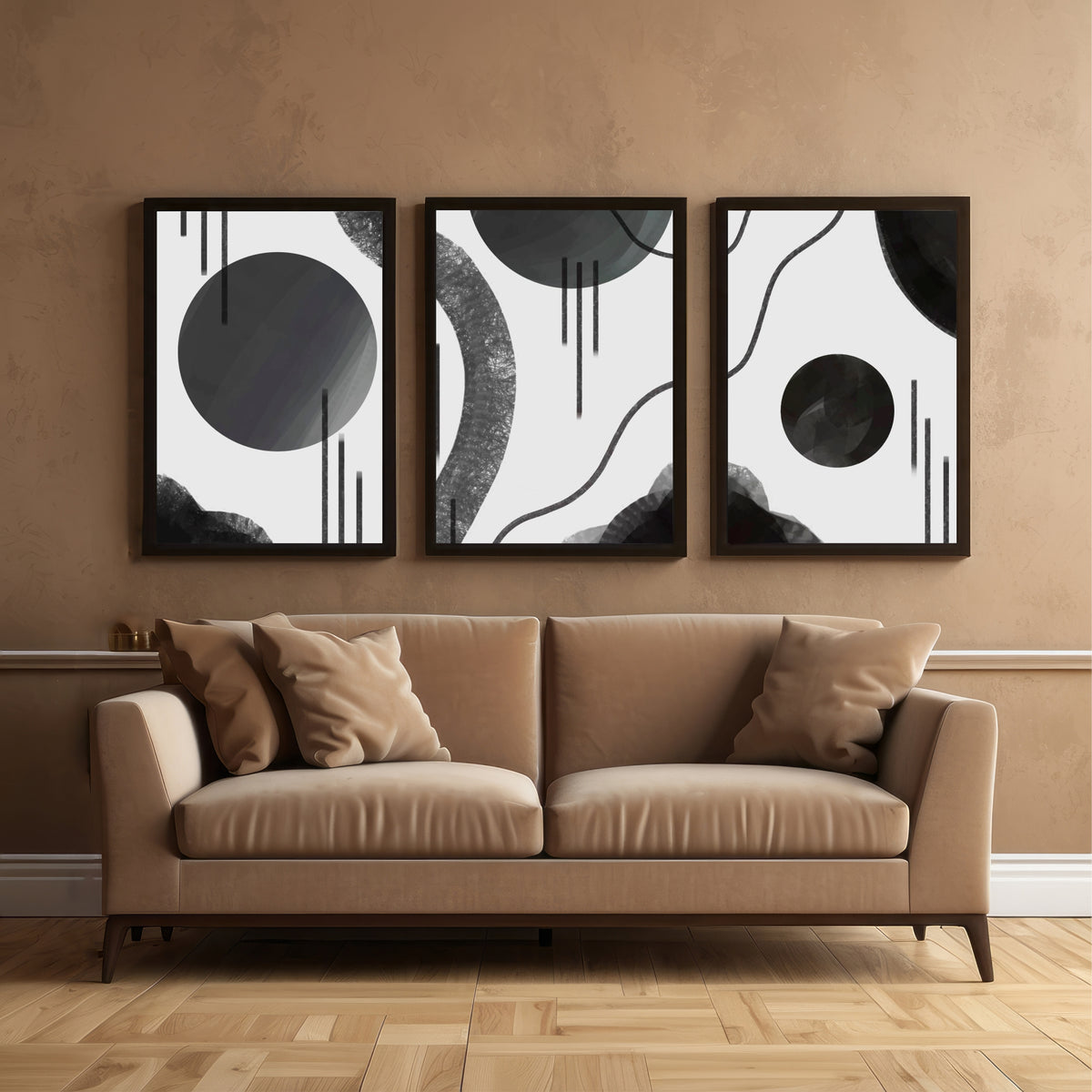 Abstract Black and White Wall Art Set of 3 – Modern Geometric Minimalist Line Art Prints, Contemporary Monochrome Home Décor