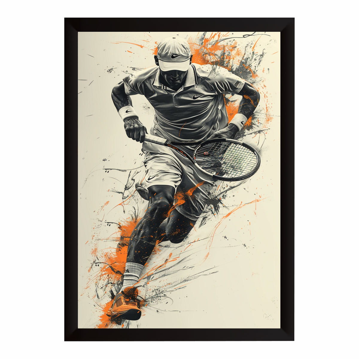 Modern Tennis Player Wall Art | Dynamic Tennis Racket Sports Artwork | Motivational Athletic Poster with Black Frame | Sports Room & Gym Décor | HD Framed Print