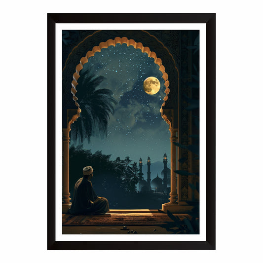Ramadan Night Prayer Wall Art | Islamic Moonlit Mosque Artwork | Muslim Prayer & Reflection Decor | Eid & Ramadan Home Wall Frame