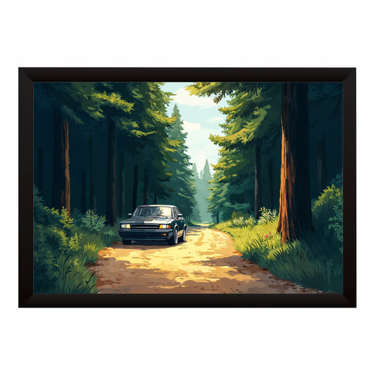 Forest Road Car Wall Art | Nature Drive Canvas Print | Scenic Woodland Travel Illustration Poster