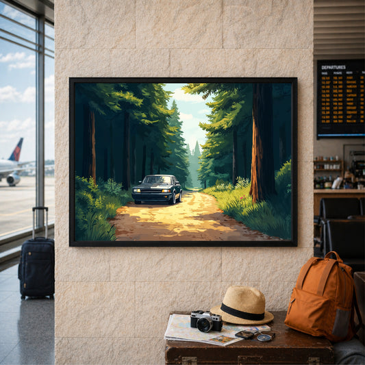 Forest Road Car Wall Art | Nature Drive Canvas Print | Scenic Woodland Travel Illustration Poster