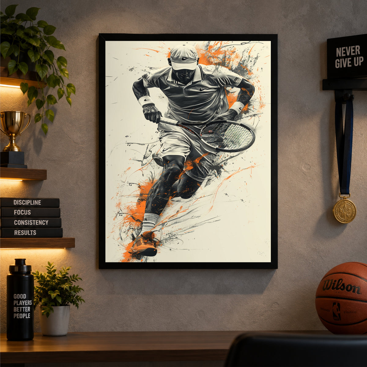 Modern Tennis Player Wall Art | Dynamic Tennis Racket Sports Artwork | Motivational Athletic Poster with Black Frame | Sports Room & Gym Décor | HD Framed Print