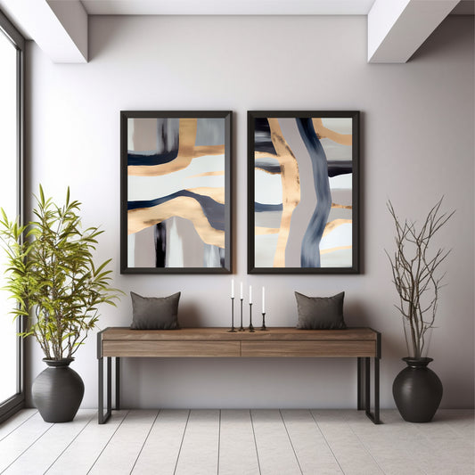 Abstract Gold Blue Wall Art Set | Modern Luxury Minimalist Decor