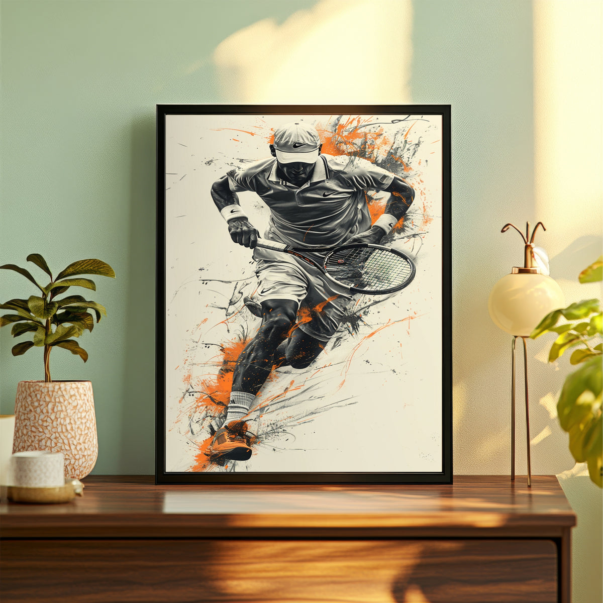 Modern Tennis Player Wall Art | Dynamic Tennis Racket Sports Artwork | Motivational Athletic Poster with Black Frame | Sports Room & Gym Décor | HD Framed Print