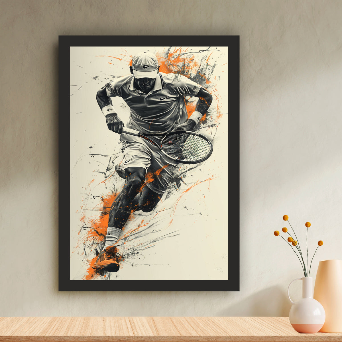 Modern Tennis Player Wall Art | Dynamic Tennis Racket Sports Artwork | Motivational Athletic Poster with Black Frame | Sports Room & Gym Décor | HD Framed Print