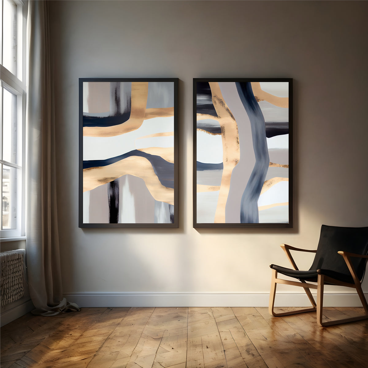 Abstract Gold Blue Wall Art Set | Modern Luxury Minimalist Decor