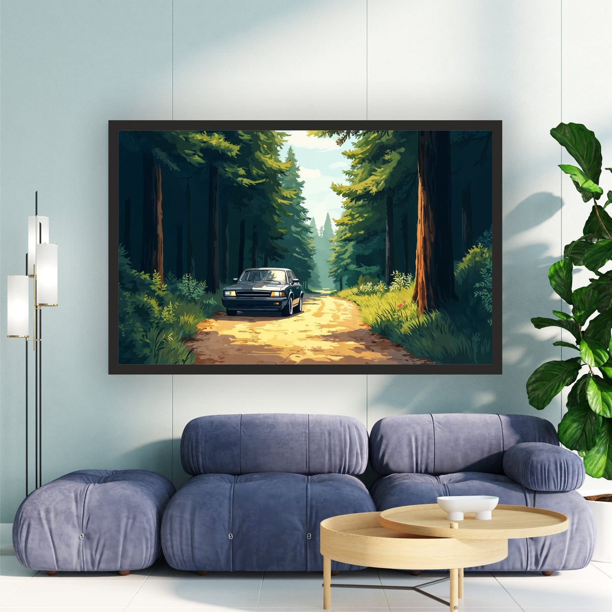 Forest Road Car Wall Art | Nature Drive Canvas Print | Scenic Woodland Travel Illustration Poster