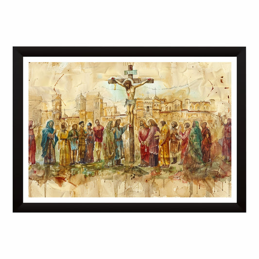 Vintage Crucifixion of Jesus Christ Wall Art | Christian Cross Canvas Print | Watercolor Biblical Painting | Easter & Christian Home Decor