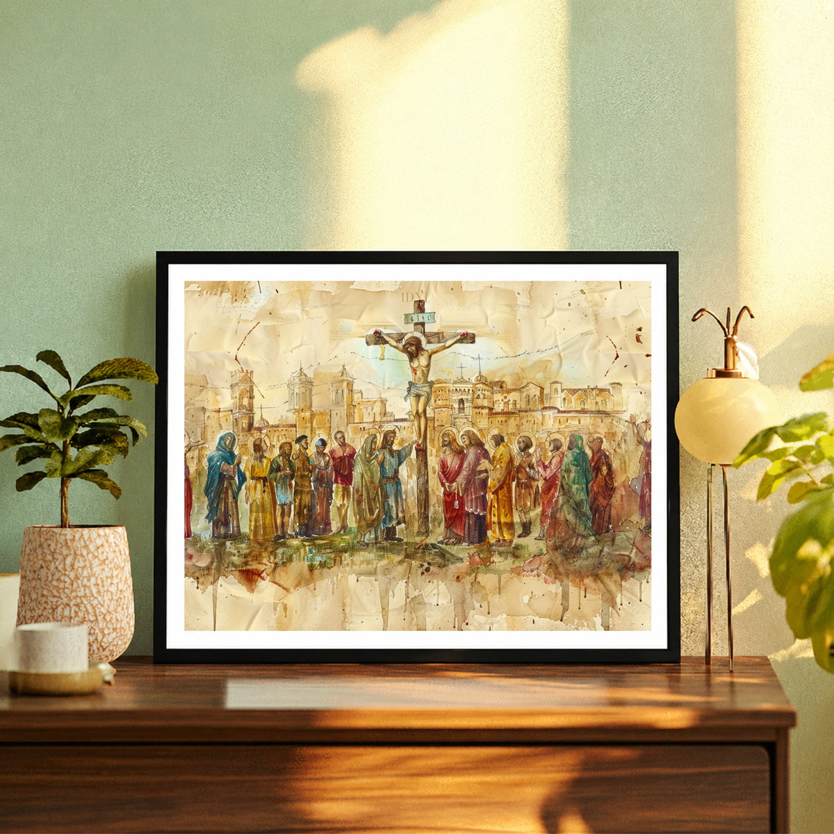 Vintage Crucifixion of Jesus Christ Wall Art | Christian Cross Canvas Print | Watercolor Biblical Painting | Easter & Christian Home Decor