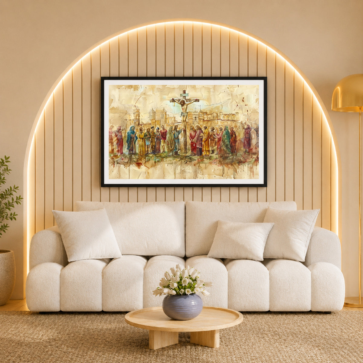 Vintage Crucifixion of Jesus Christ Wall Art | Christian Cross Canvas Print | Watercolor Biblical Painting | Easter & Christian Home Decor