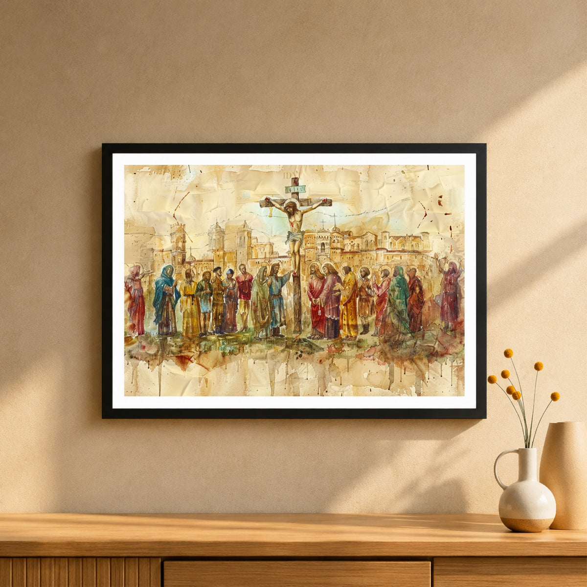 Vintage Crucifixion of Jesus Christ Wall Art | Christian Cross Canvas Print | Watercolor Biblical Painting | Easter & Christian Home Decor
