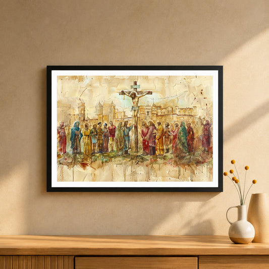 Vintage Crucifixion of Jesus Christ Wall Art | Christian Cross Canvas Print | Watercolor Biblical Painting | Easter & Christian Home Decor