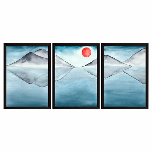 Abstract Mountain Landscape Wall Art Set of 3 – Blue Watercolor Mountain Lake Prints, Modern Nature Wall Décor